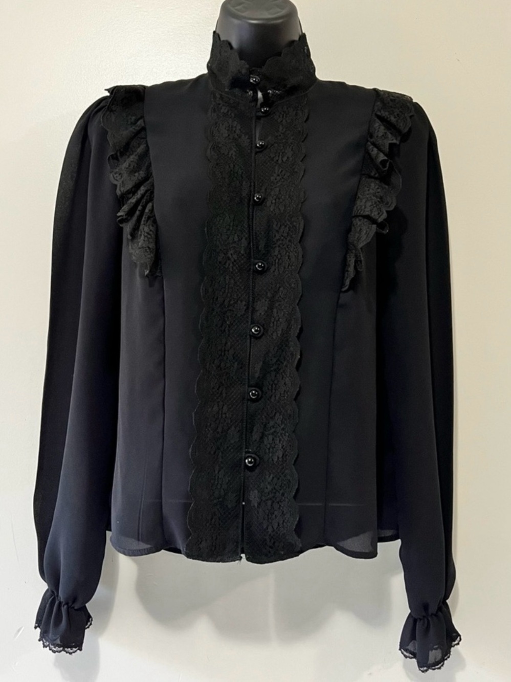 Vintage Club Prive Blouse Size Small Sheer Black Ruffled Lace Whimsigoth Blouse - Picture 2 of 9